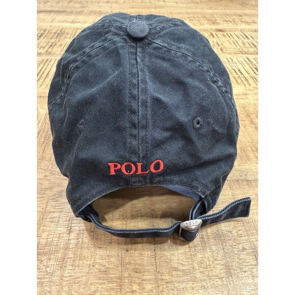 Polo Ralph Lauren Black Hat Cap Strap Back Mens One Size Adjustable Red Logo - Picture 3 of 5